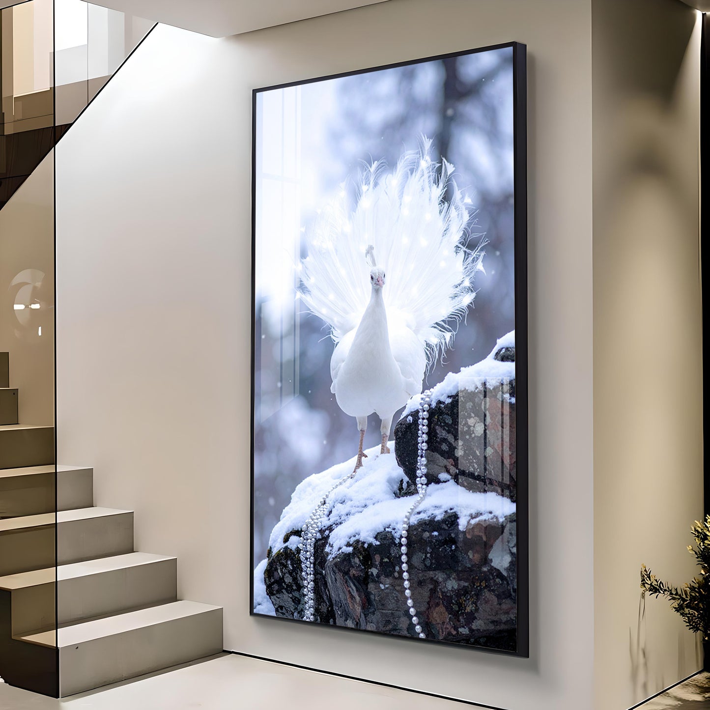 White Peacock Glass Finish Vertical Wall Art