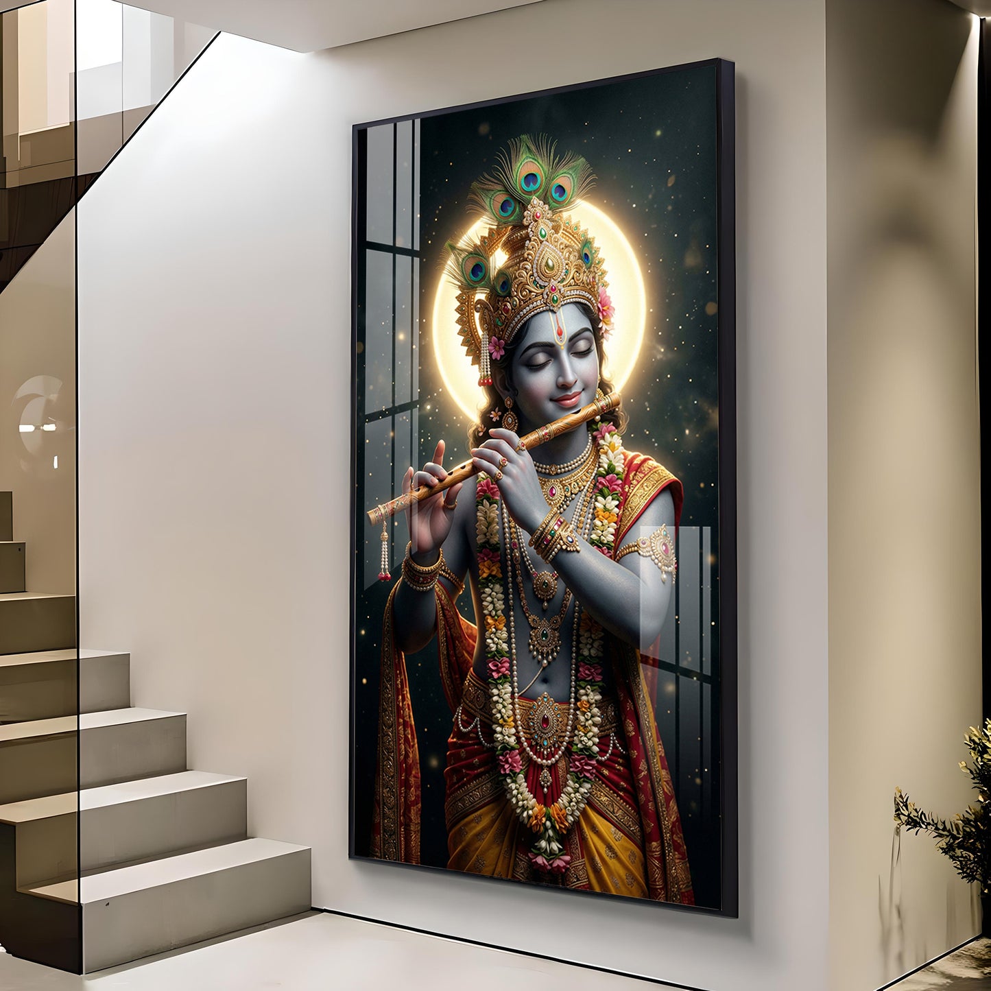 Divine Hare Krishna Glass Finish Vertical Wall Art