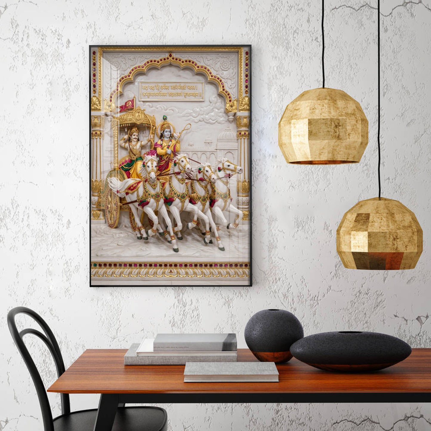 Krishna & Arjuna Chariot Glass Finish Vertical Wall Art