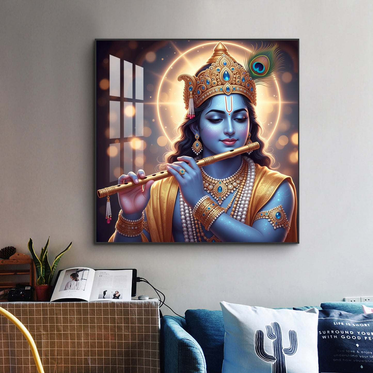 Spiritual Krishna With Flute Glass Finish Square Wall Art