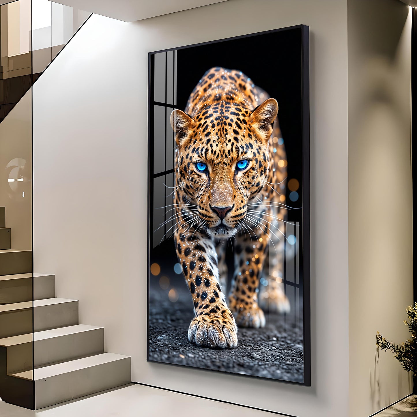 Wild Leopard With Blue Eyes Glass Finish Vertical Wall Art