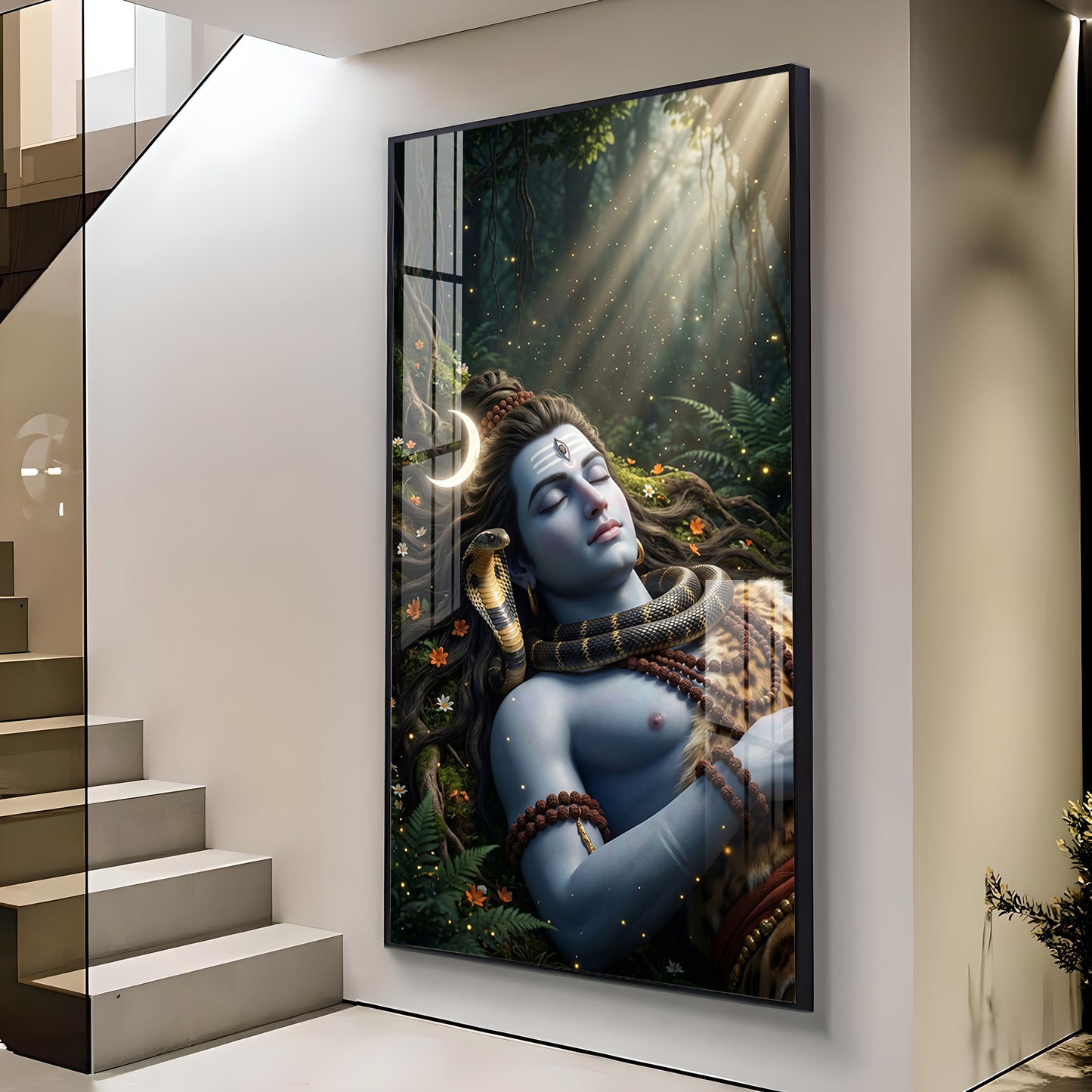 Hindu Deity Shiva Glass Finish Vertical Wall Art