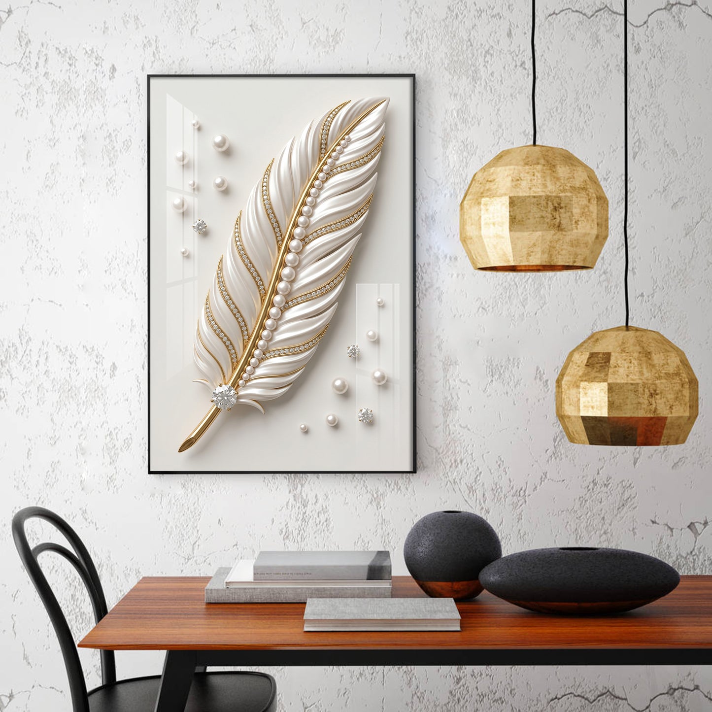 White & Gold Finish Feather Glass Finish Vertical Wall Art