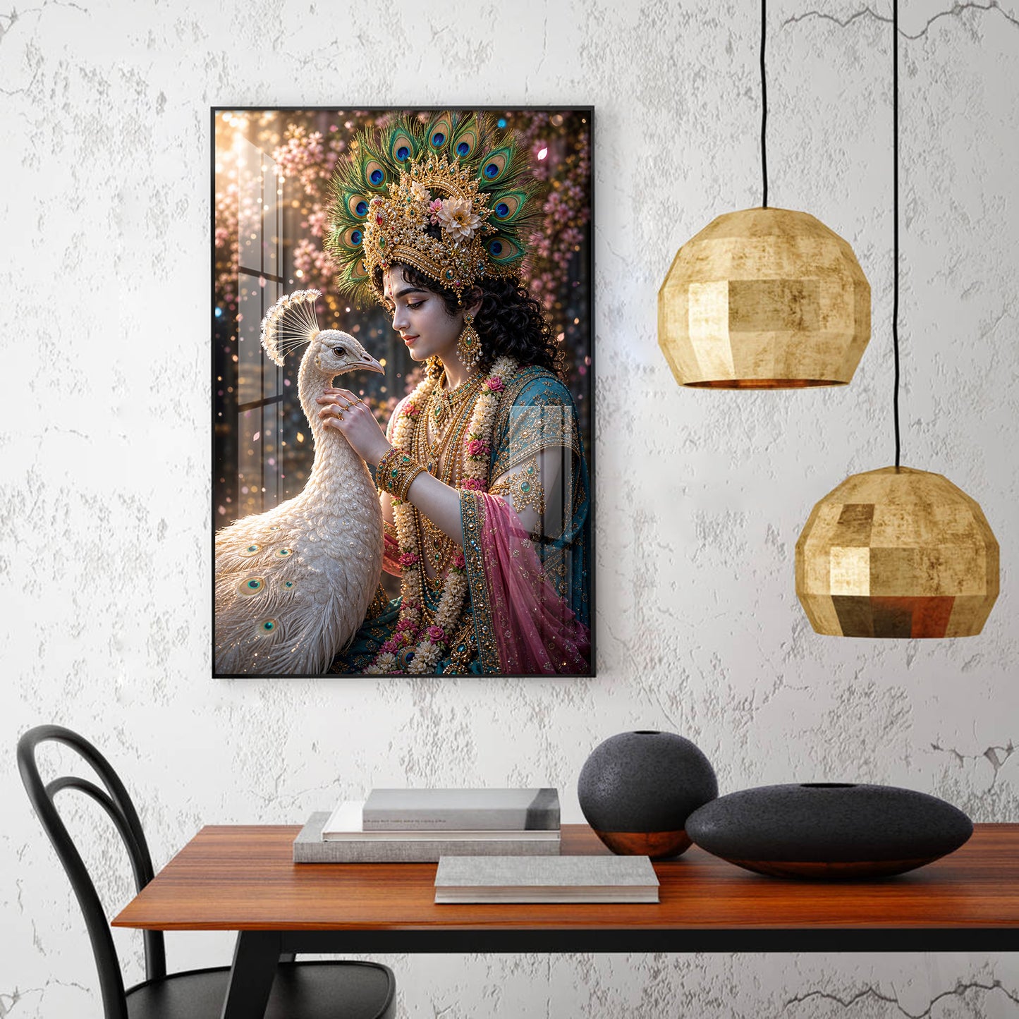 Shree Krishna With Peacock Glass Finish Vertical Wall Art
