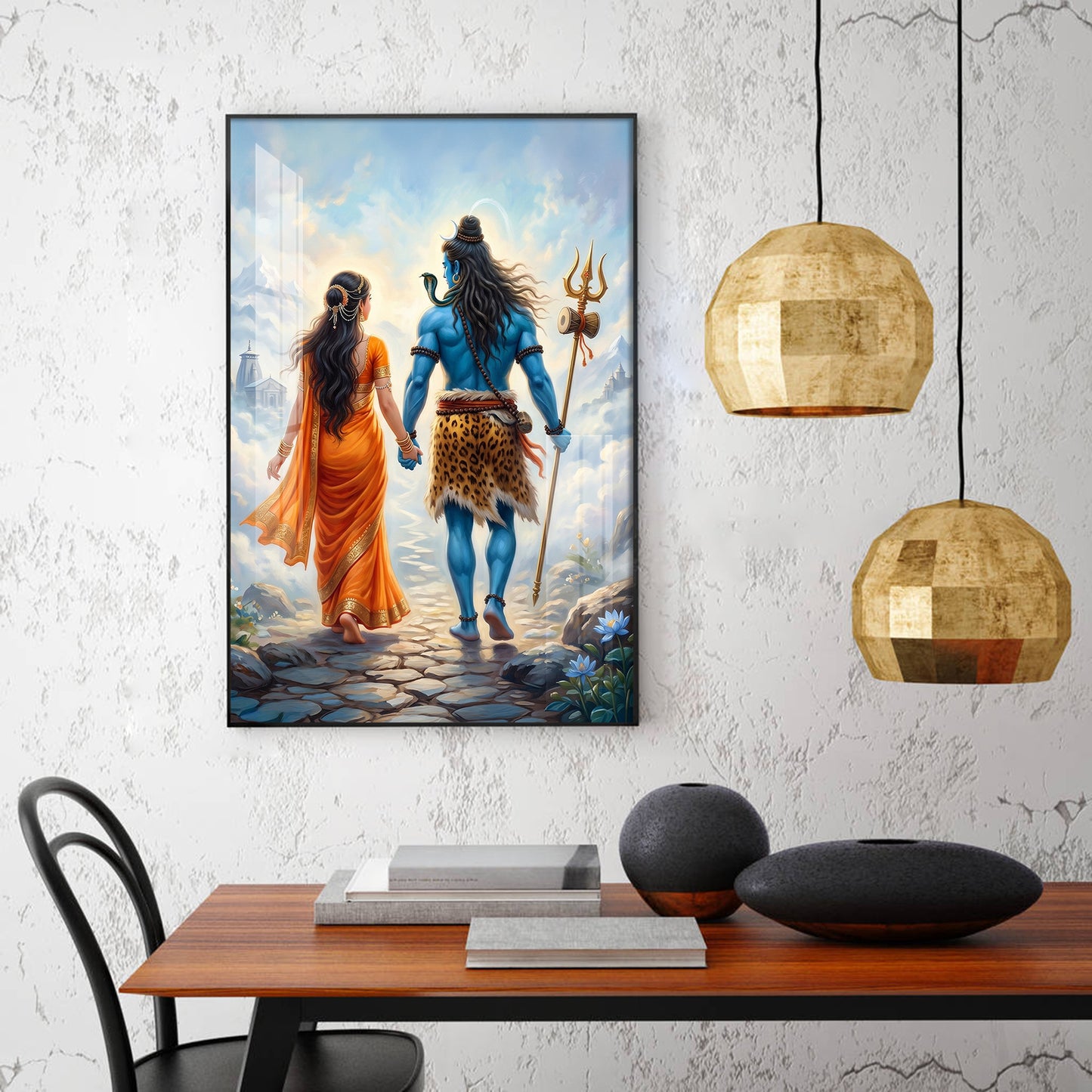 Divine Shiv Ji & Parvati Glass Finish Vertical Wall Art