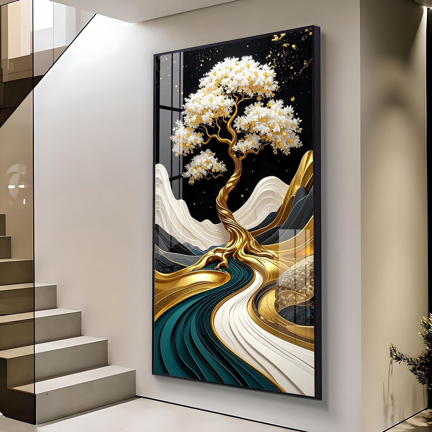 Golden Serenity Tree Glass Finish Vertical Wall Art