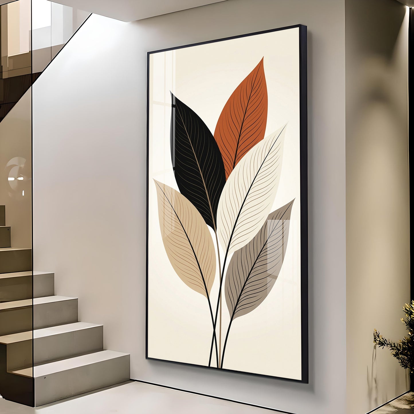 Colored Leaf Glass Finish Vertical Wall Art