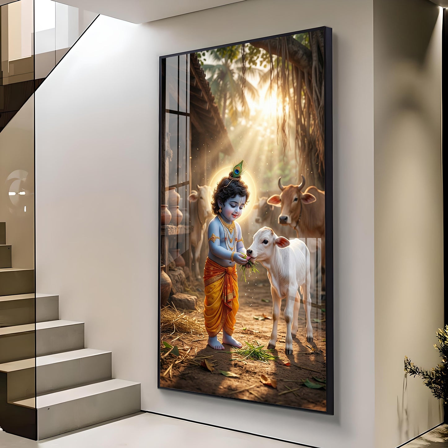 LIttle Krishna With Calf Glass Finish Vertical Wall Art