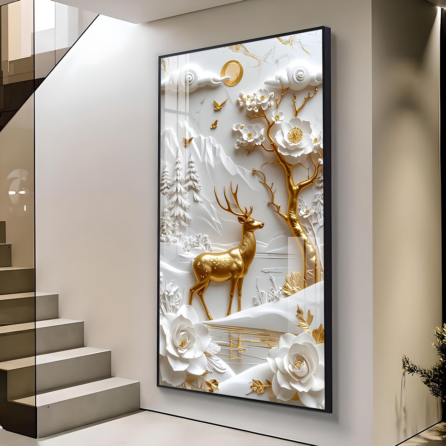 Floral Fawn Delight Glass Finish Vertical Wall Art