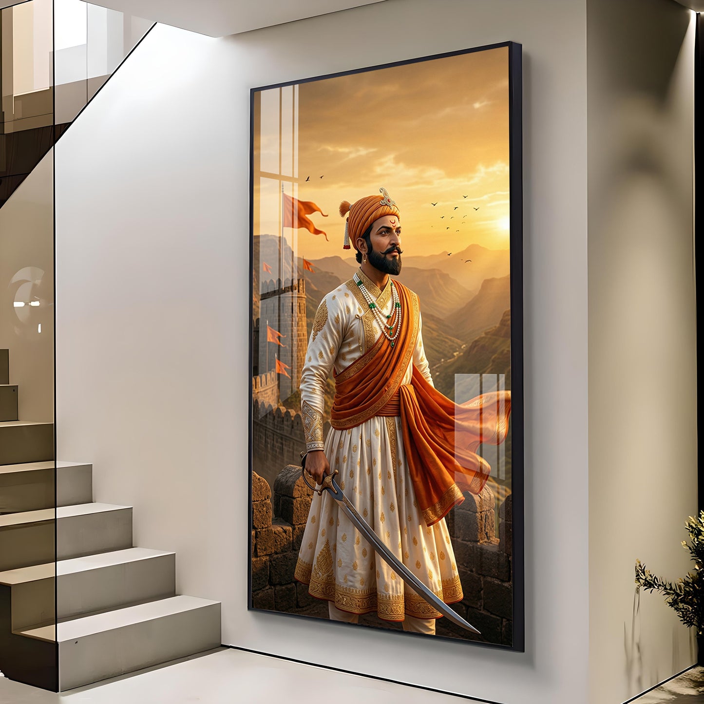 Shivaji Maharaj Warrior Spirit Glass Finish Vertical Wall Art