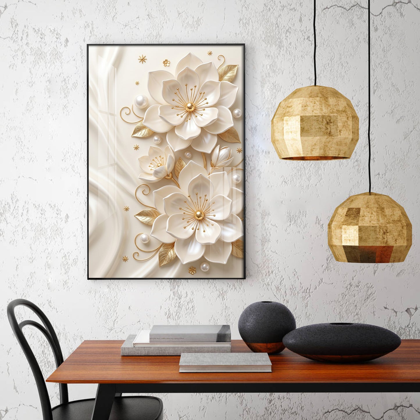 White Flowers With Golden Elements Glass Finish Vertical Wall Art