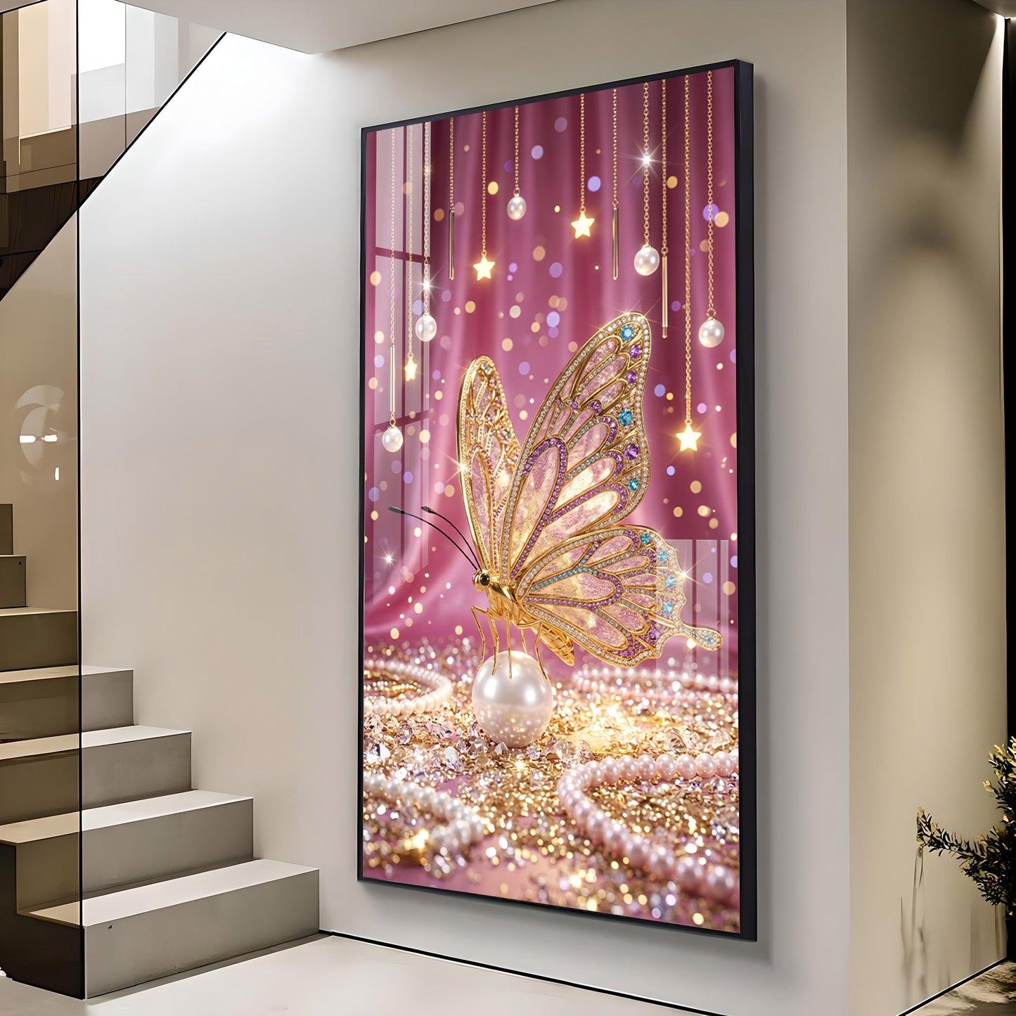 Elegant Pink Butterfly Glass Finish Vertical Wall Art
