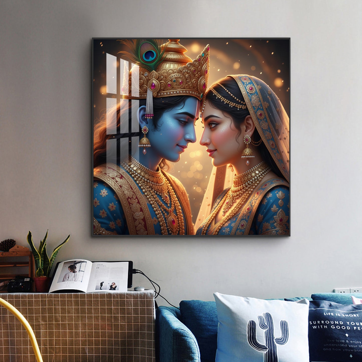 Divine Lord Radha and Krishna Glass Finish Square Wall Art