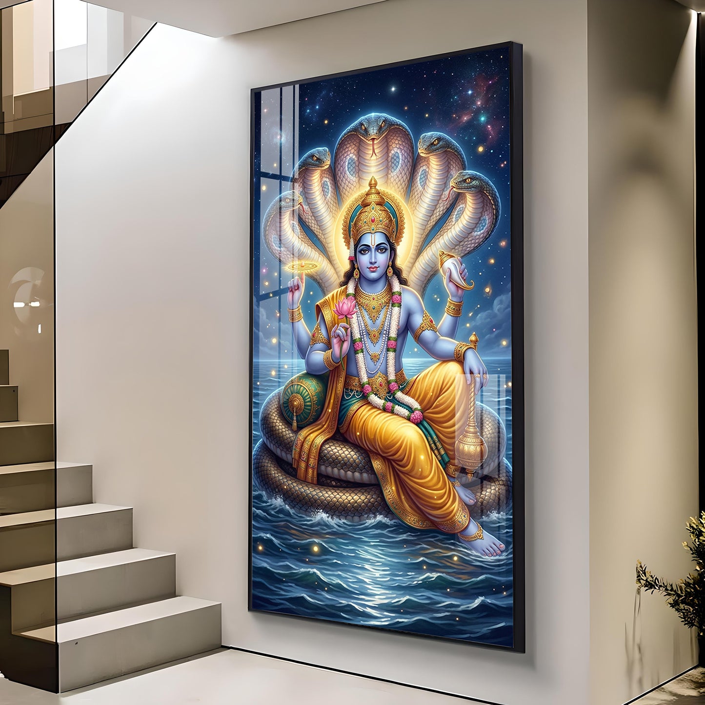 Lord Vishnu On Sheshnag Glass Finish Vertical Wall Art