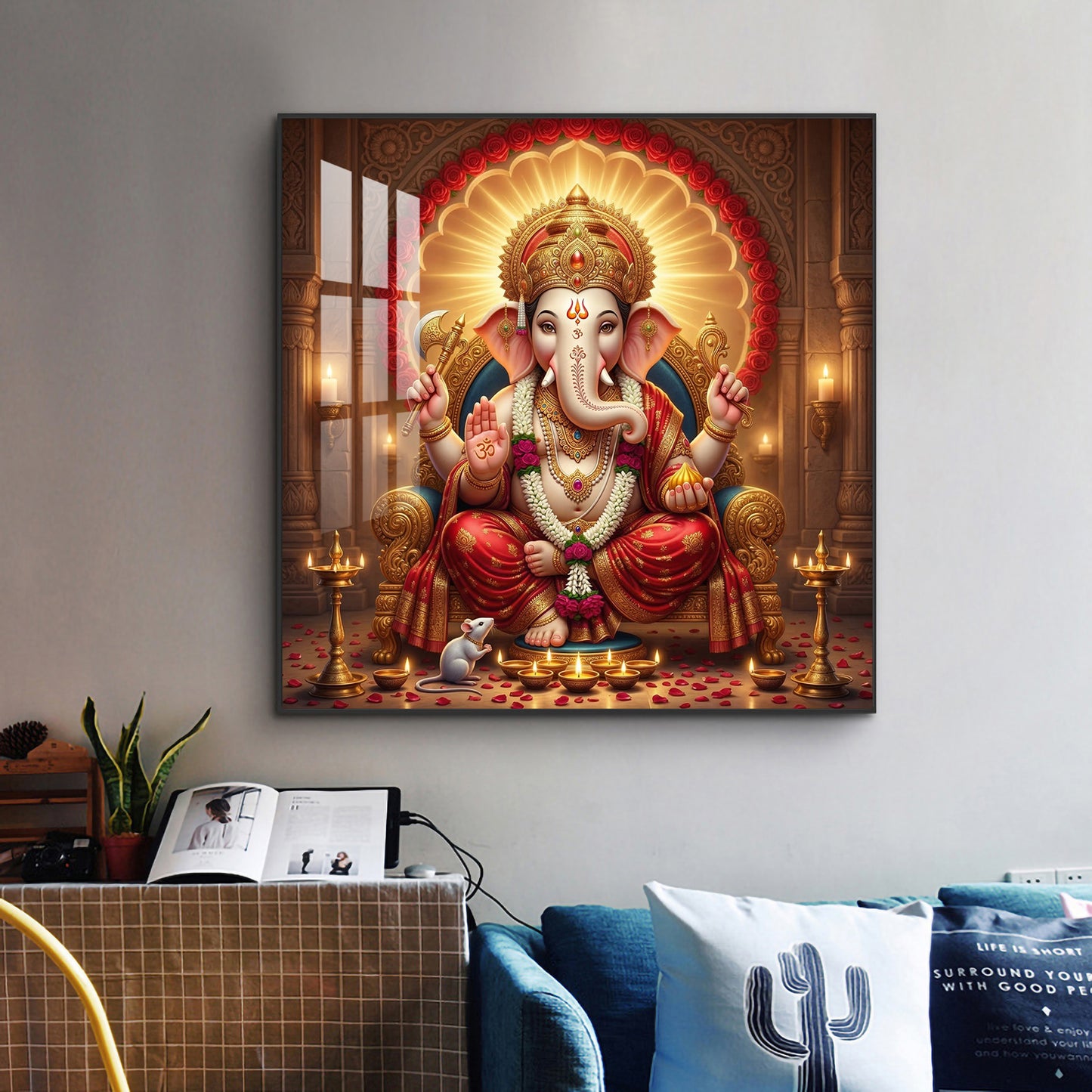 Hindu God Ganesha Ji Glass Finish Square Wall Art