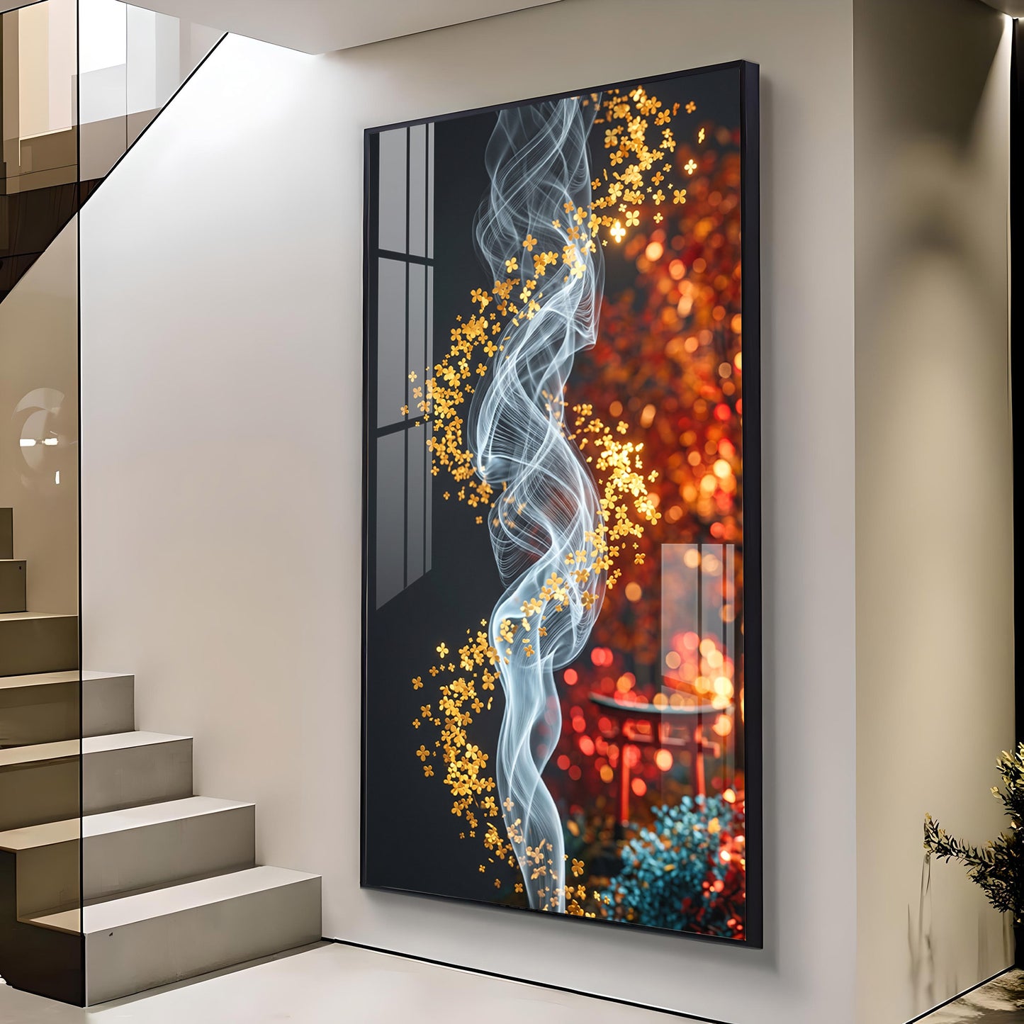 Whispers of Golden Bloom Glass Finish Vertical Wall Art