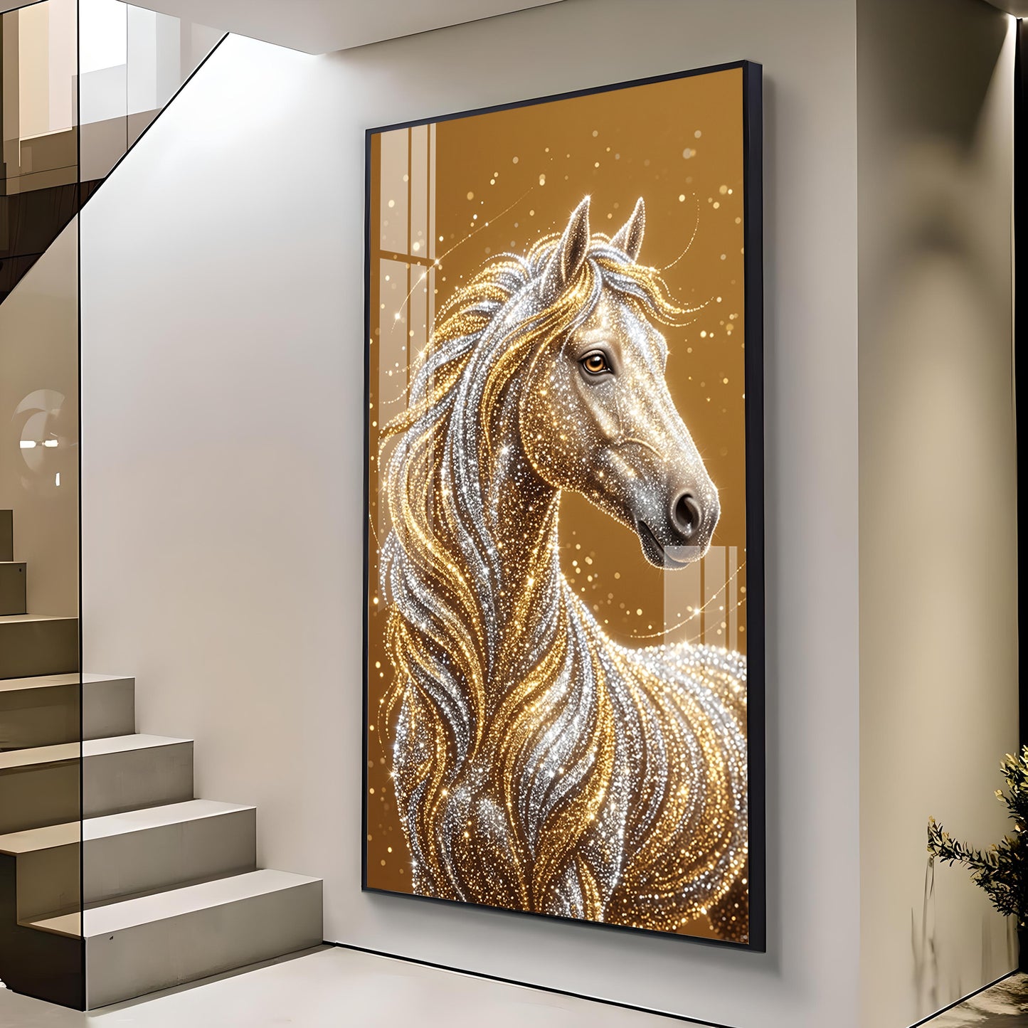 Horse In Gold & Silver Mane Glass Finish Vertical Wall Art