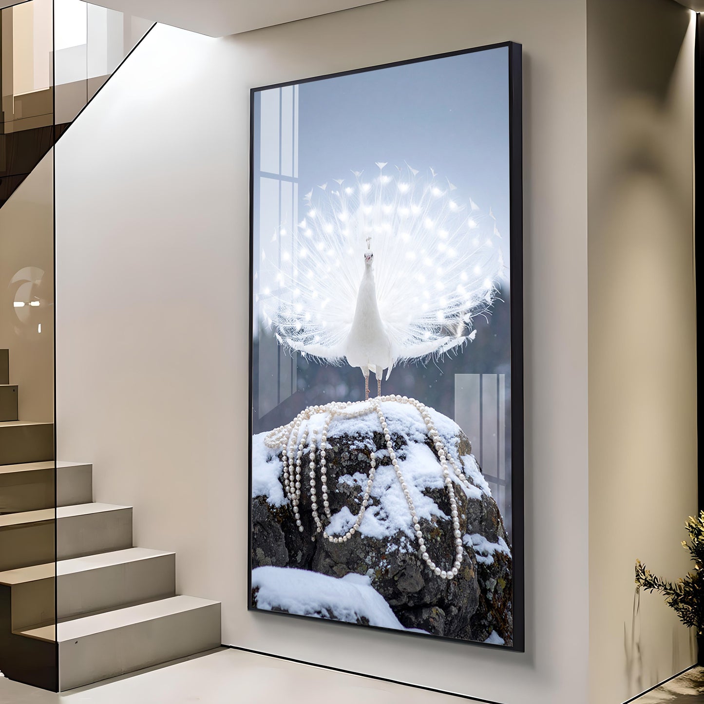 Dazzling Pearl Peacock Glass Finish Vertical Wall Art