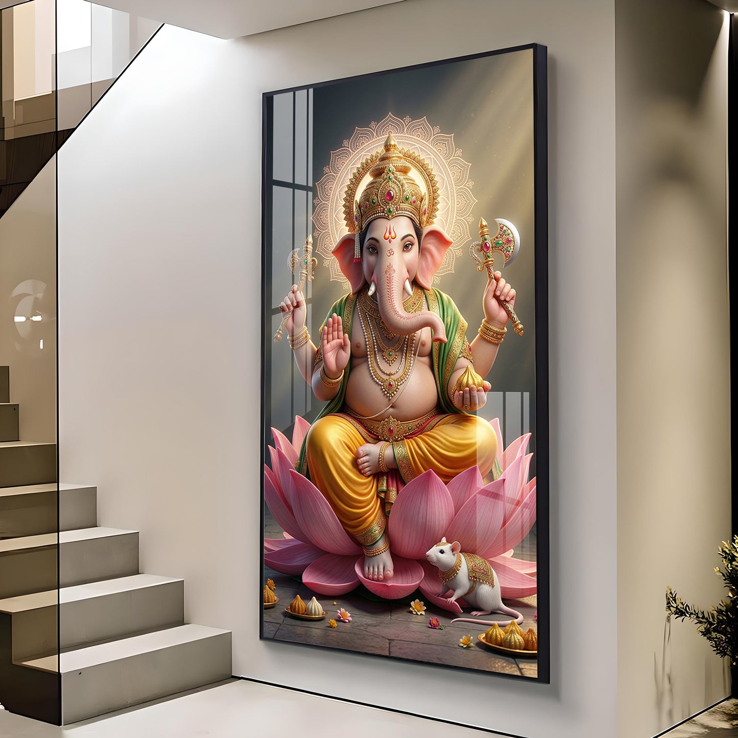 Lord Ganesh Ji Glass Finish Vertical Wall Art