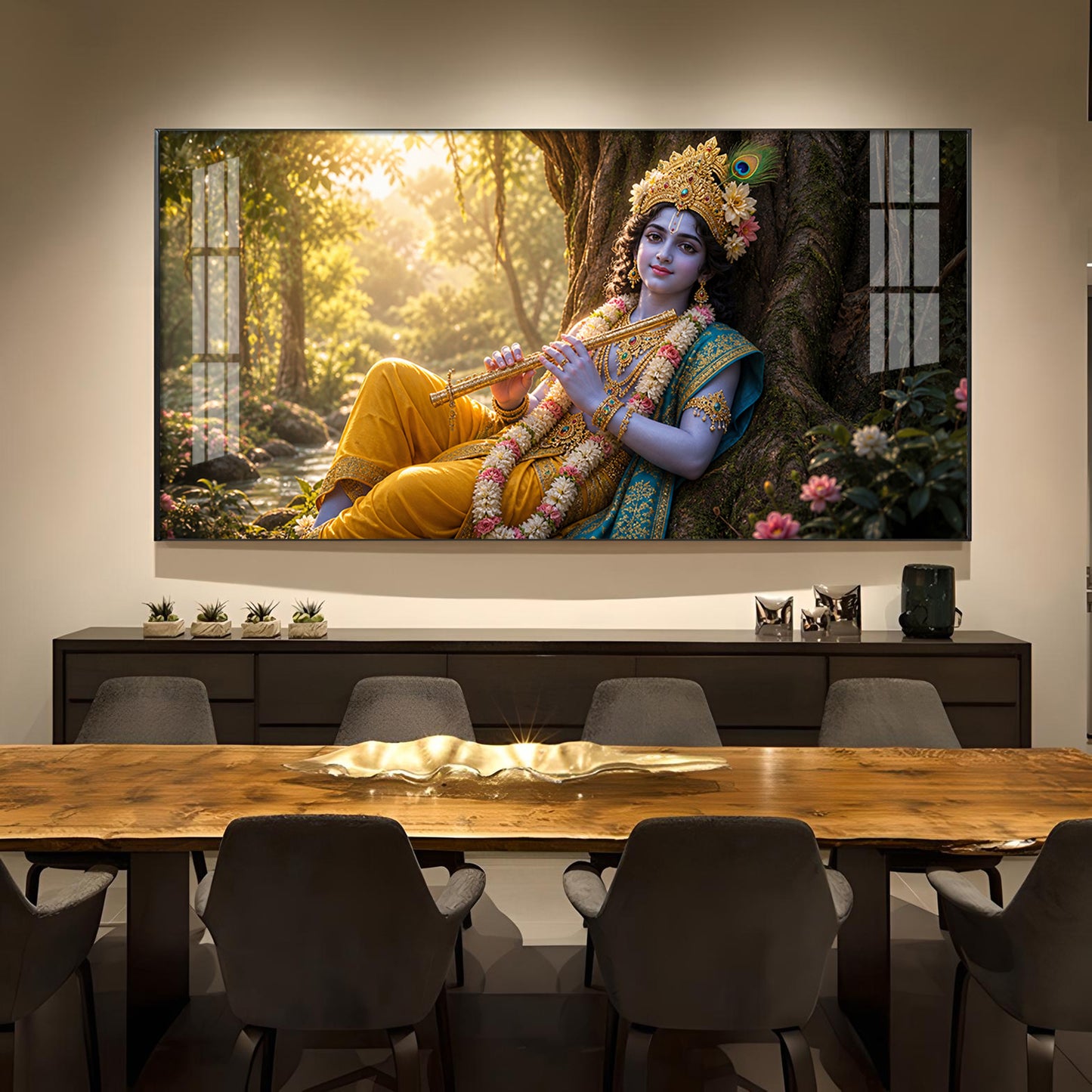 Lord Krishna Glass Finish Horizontal Wall Art