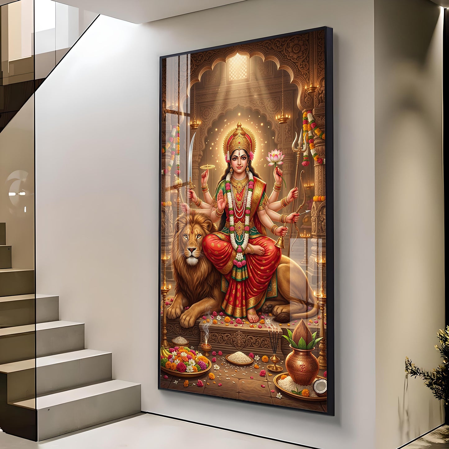 Durga Maa Glass Finish Vertical Wall Art