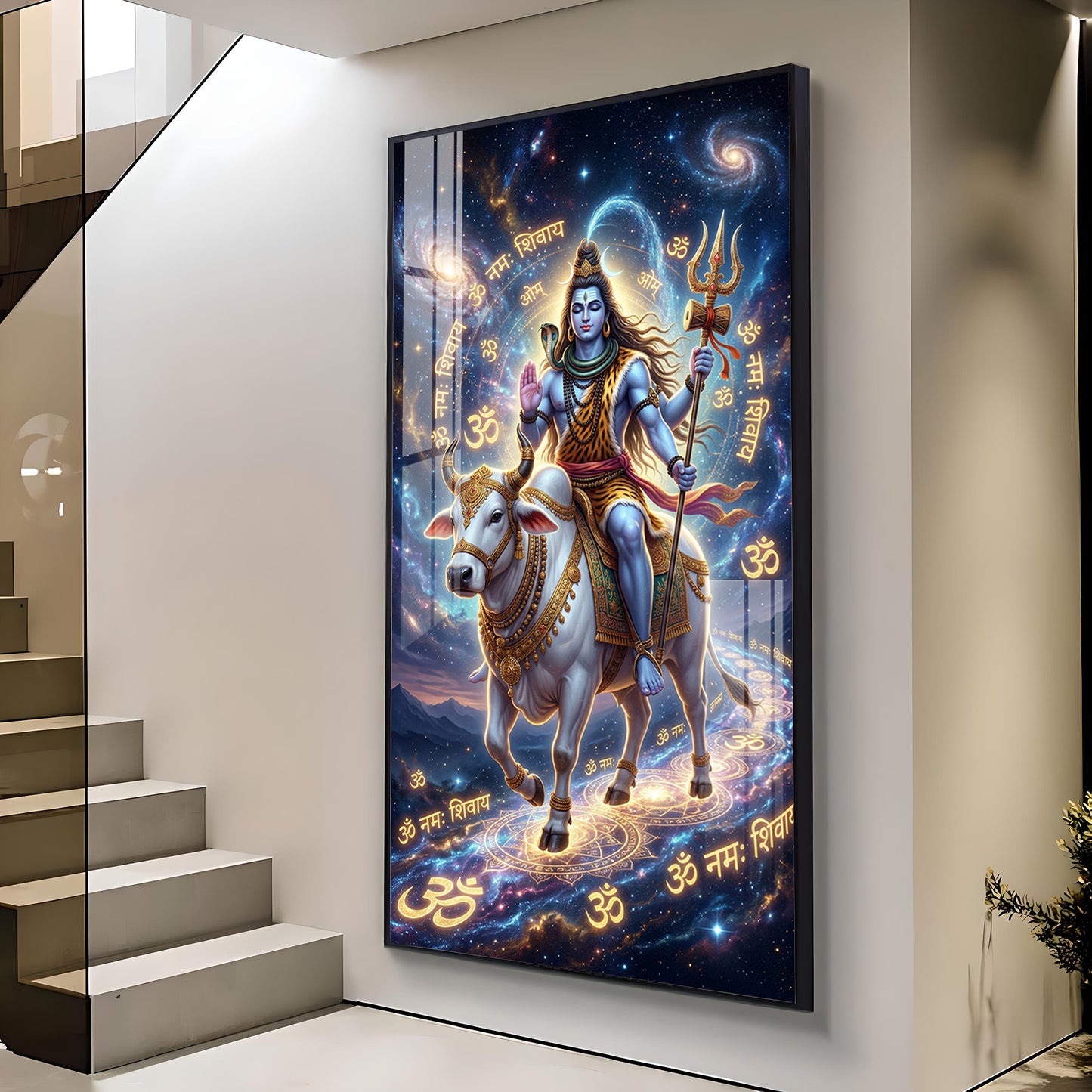 Lord Shiva With Nandi Glass Finish Vertical Wall Art