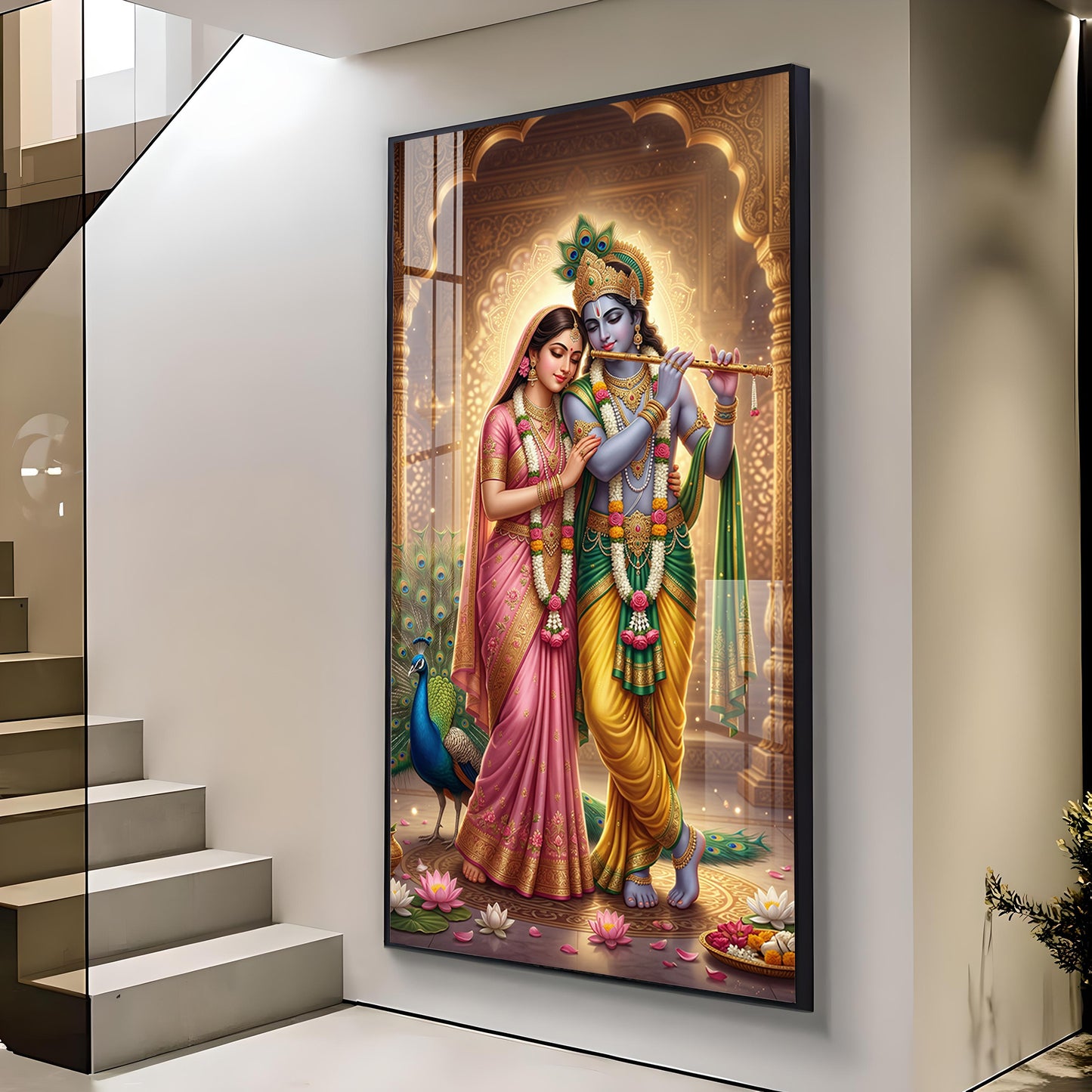 Eternal Bond of Radha Krishna Glass Finish Vertical Wall Art