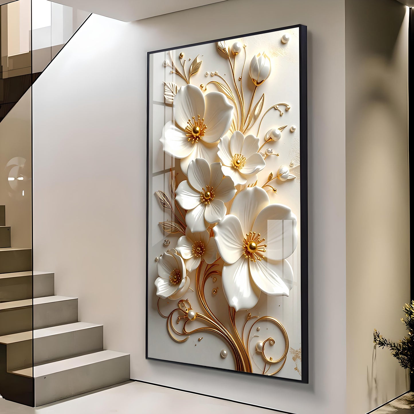 Pure Elegance Flora Glass Finish Vertical Wall Art