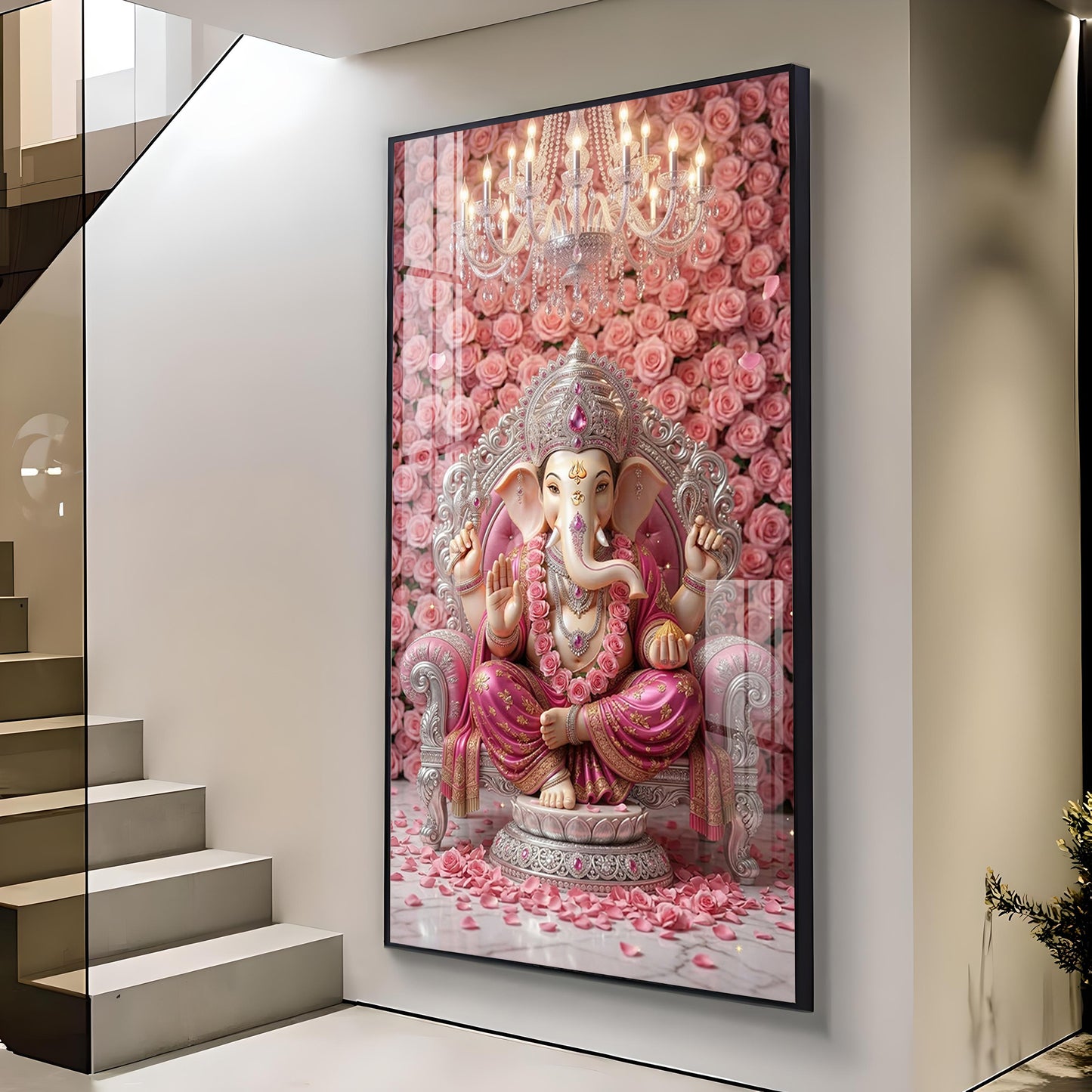 Divine Lord Ganesh Glass Finish Vertical Wall Art