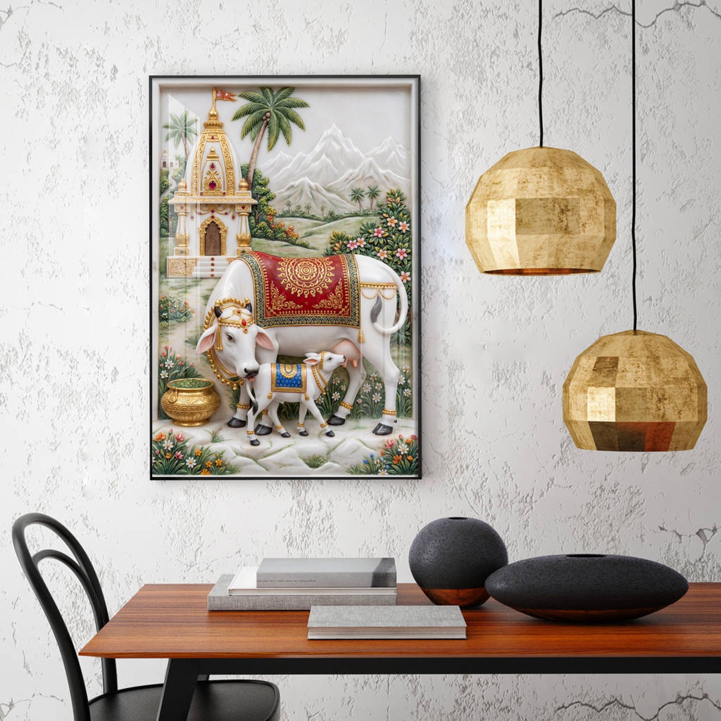 Kamdhenu Cow and Calf Glass Finish Vertical Wall Art