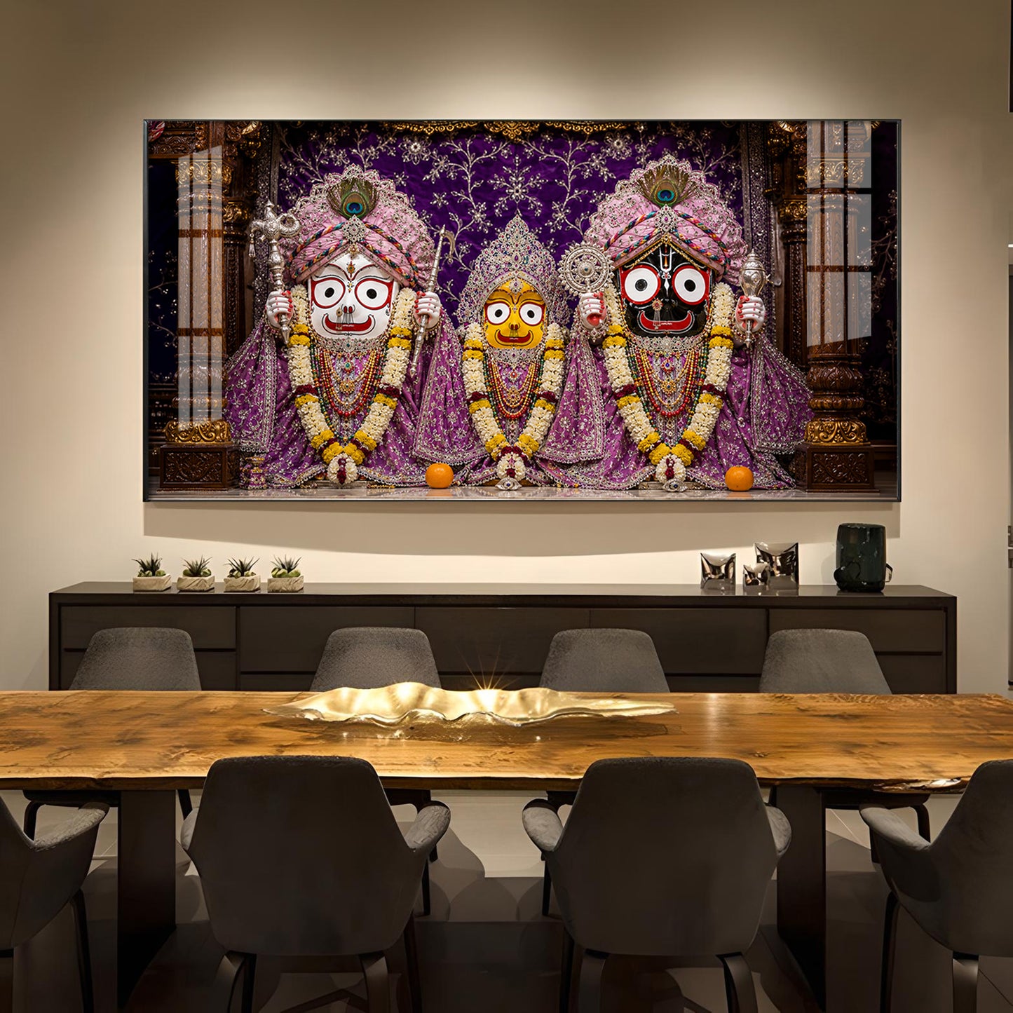 Hindu Deities Lord Jagannath, Subhadra, & Balabhadra Glass Finish Horizontal Wall Art