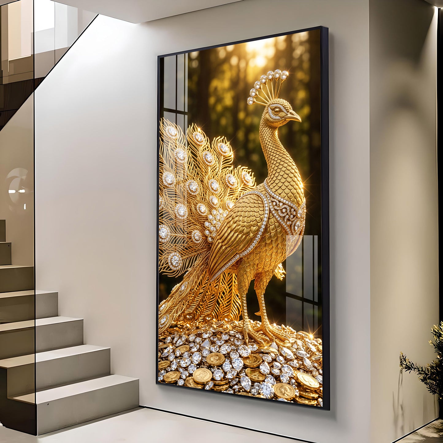 Golden Peacock Glass Finish Vertical Wall Art