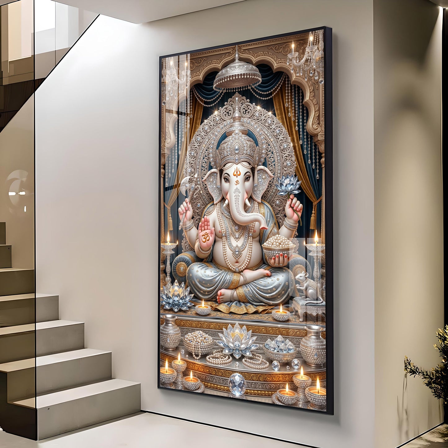 Depicts Lord Ganesha Glass Finish Vertical Wall Art