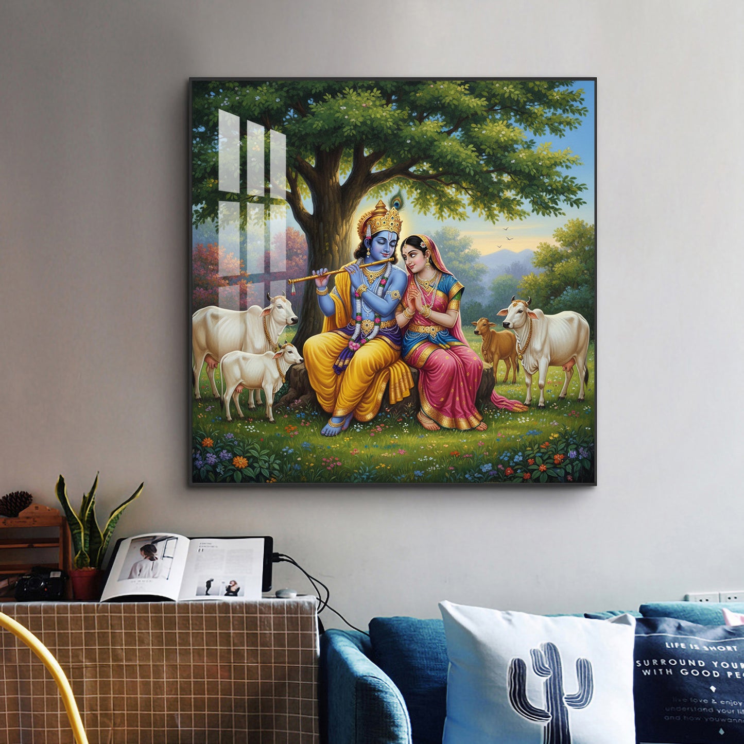 Radha Krishna With Cow Glass Finish Square Wall Art