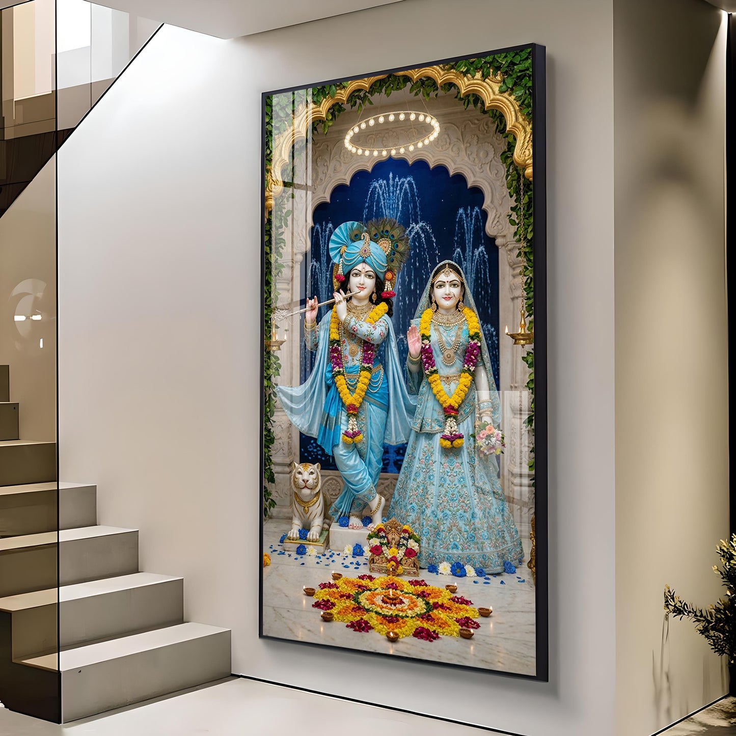 Radha & Krishna Masterpiece Glass Finish Vertical Wall Art