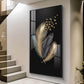 Black & Gold Feathers With Delicate Butterflies Glass Finish Vertical Wall Art