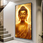 Golden Meditating Buddha Glass Finish Vertical Wall Art
