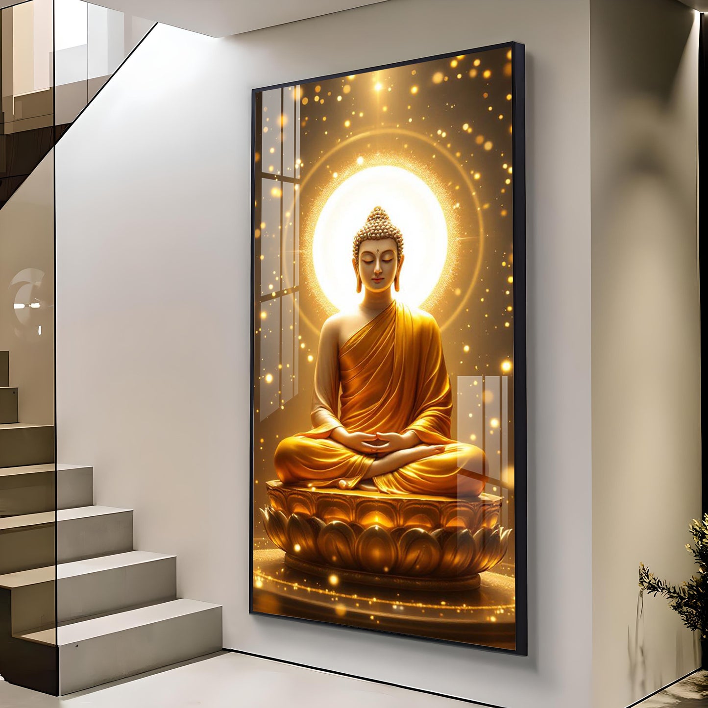 Meditating Gautam Buddha Glass Finish Vertical Wall Art