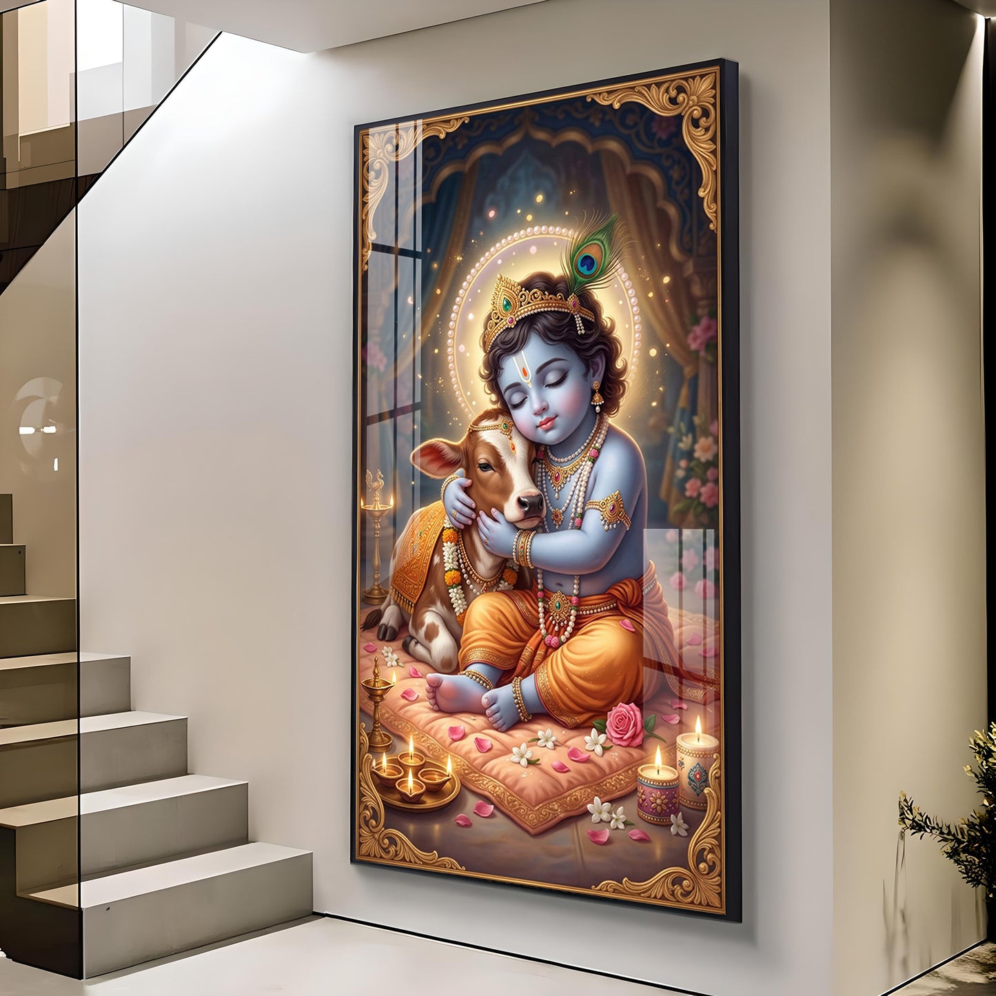 Little Kanha With Calf Glass Finish Vertical Wall Art