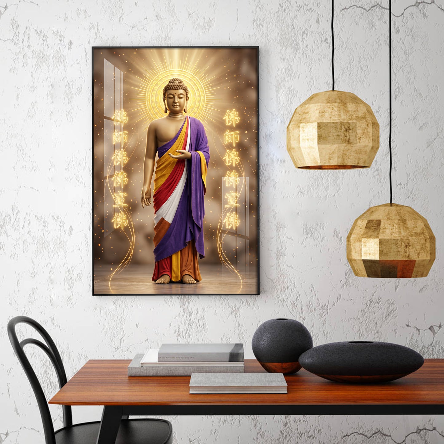 Depicting A Golden Buddha Glass Finish Vertical Wall Art