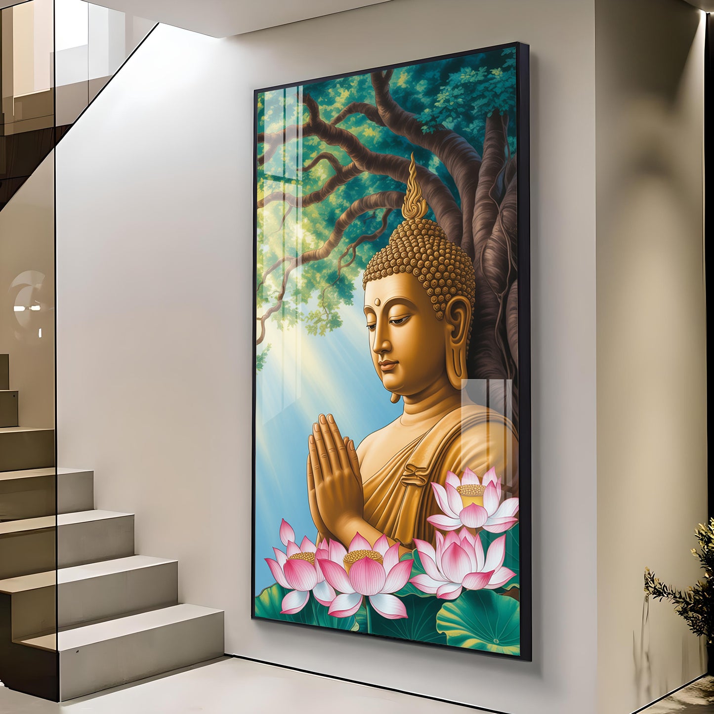 Religious Buddha Glass Finish Vertical Wall Art