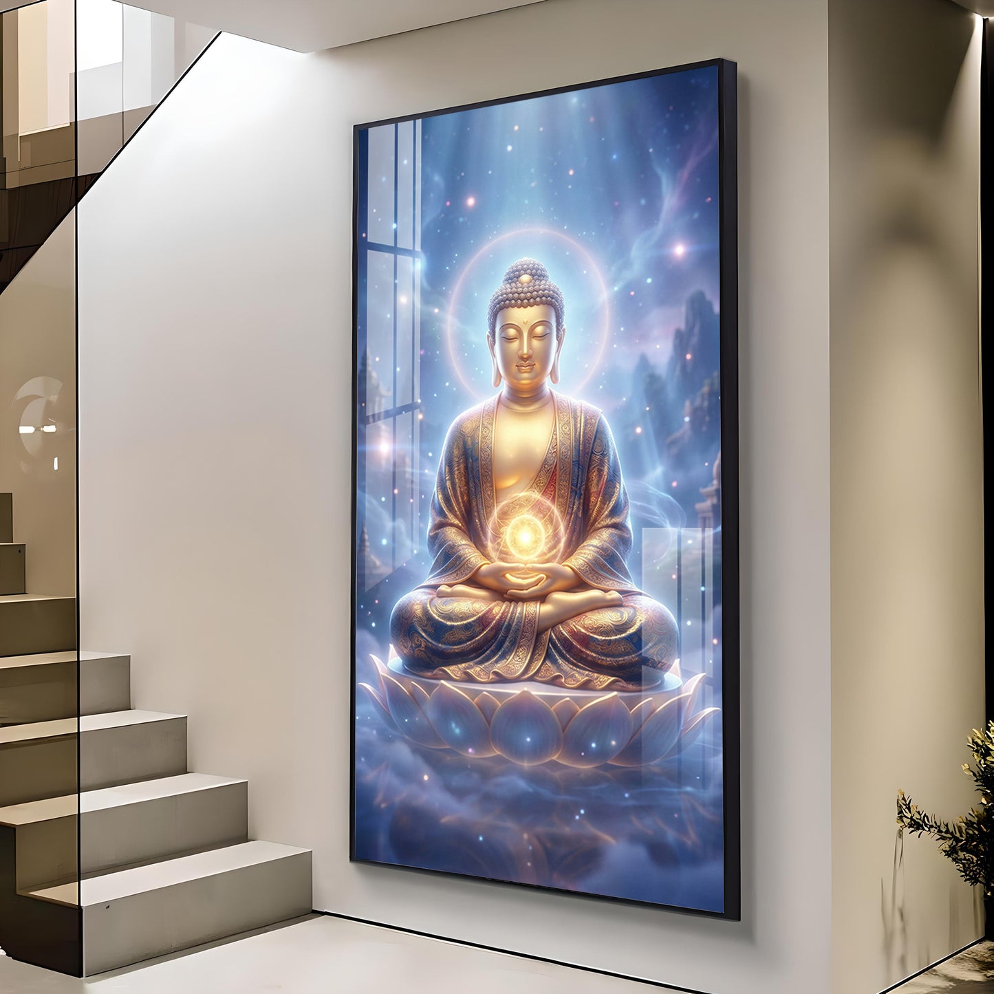 Meditating Lord Buddha Glass Finish Vertical Wall Art