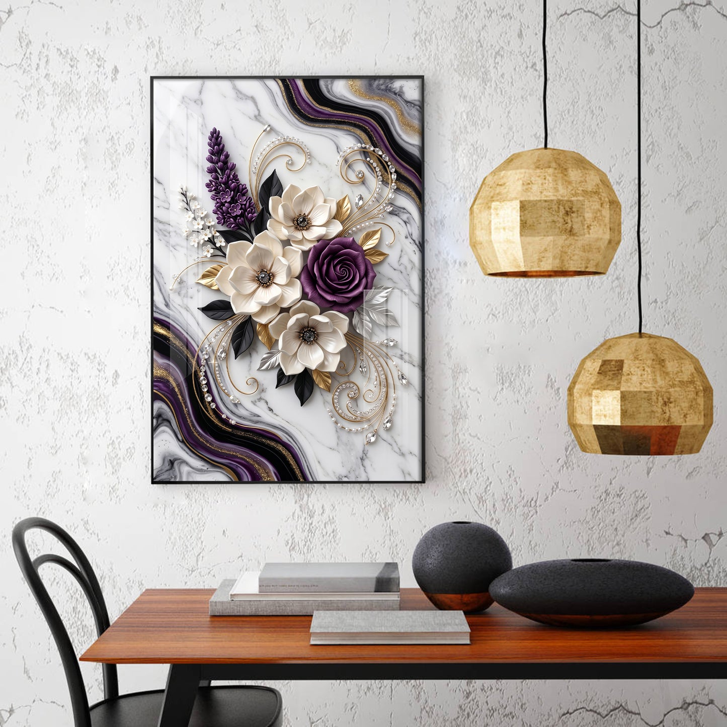 Beautiful Purple & White Flowers Glass Finish Vertical Wall Art