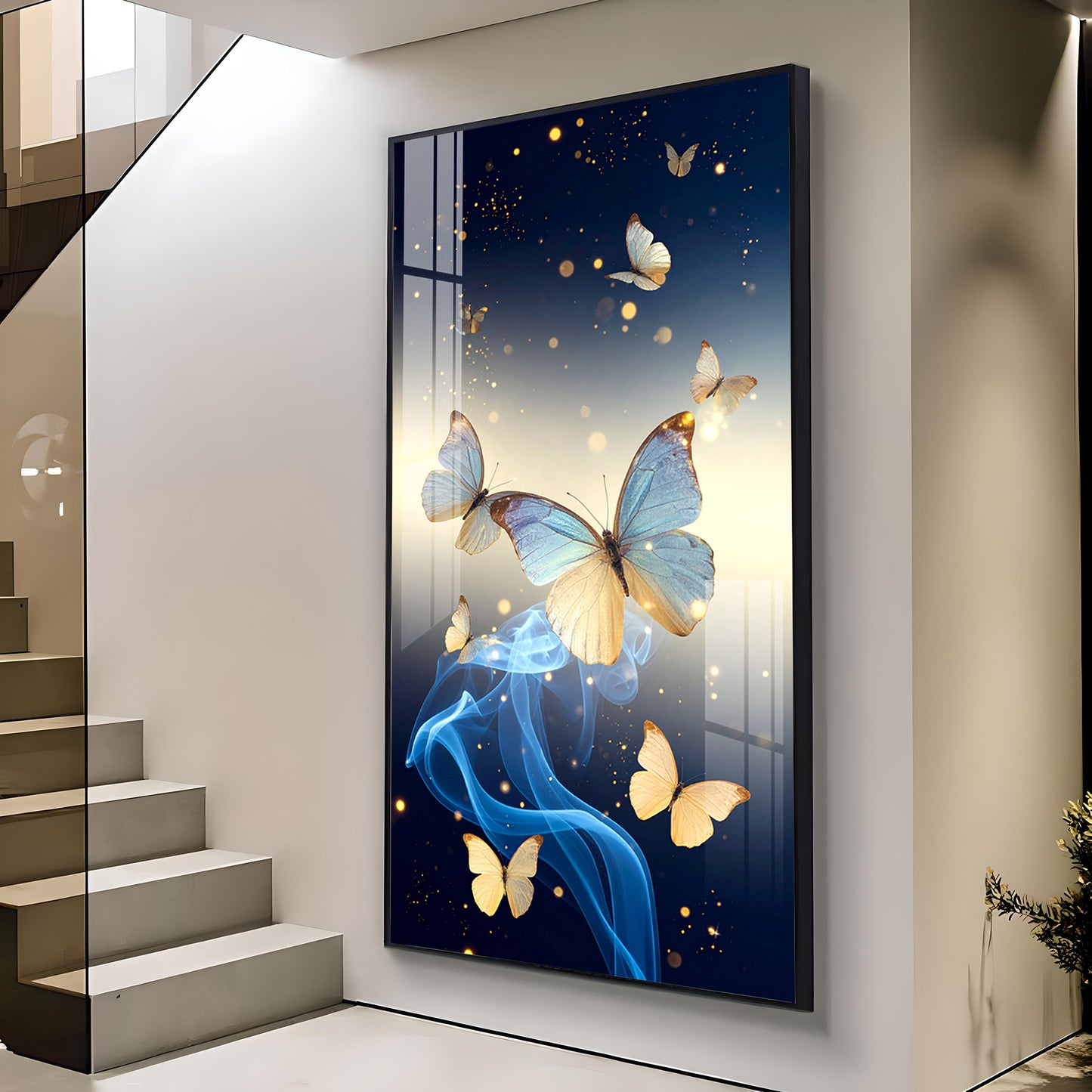 Azure Butterfly Dance Glass Finish Vertical Wall Art