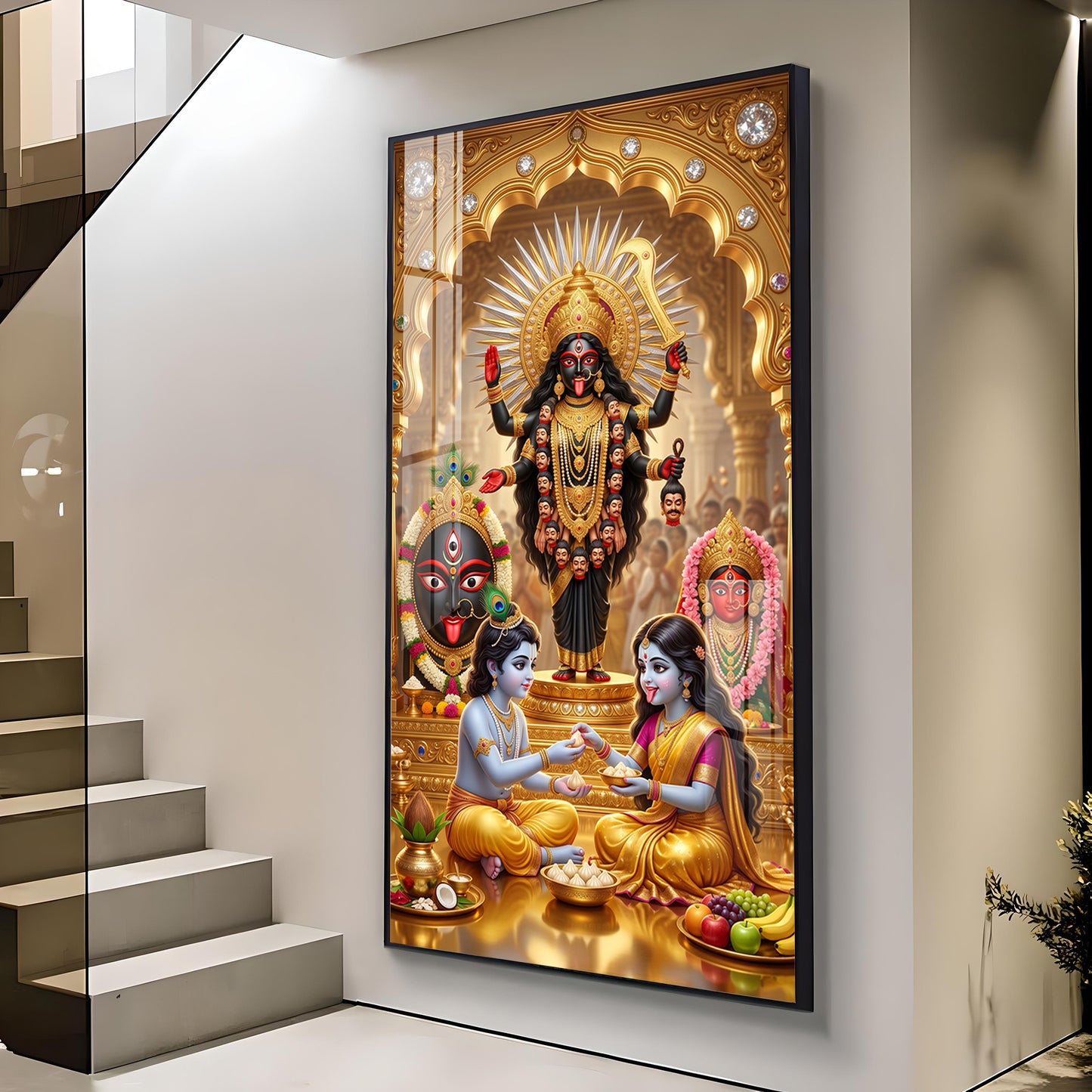 Maa Kali, Lord Krishna & Radha Glass Finish Vertical Wall Art