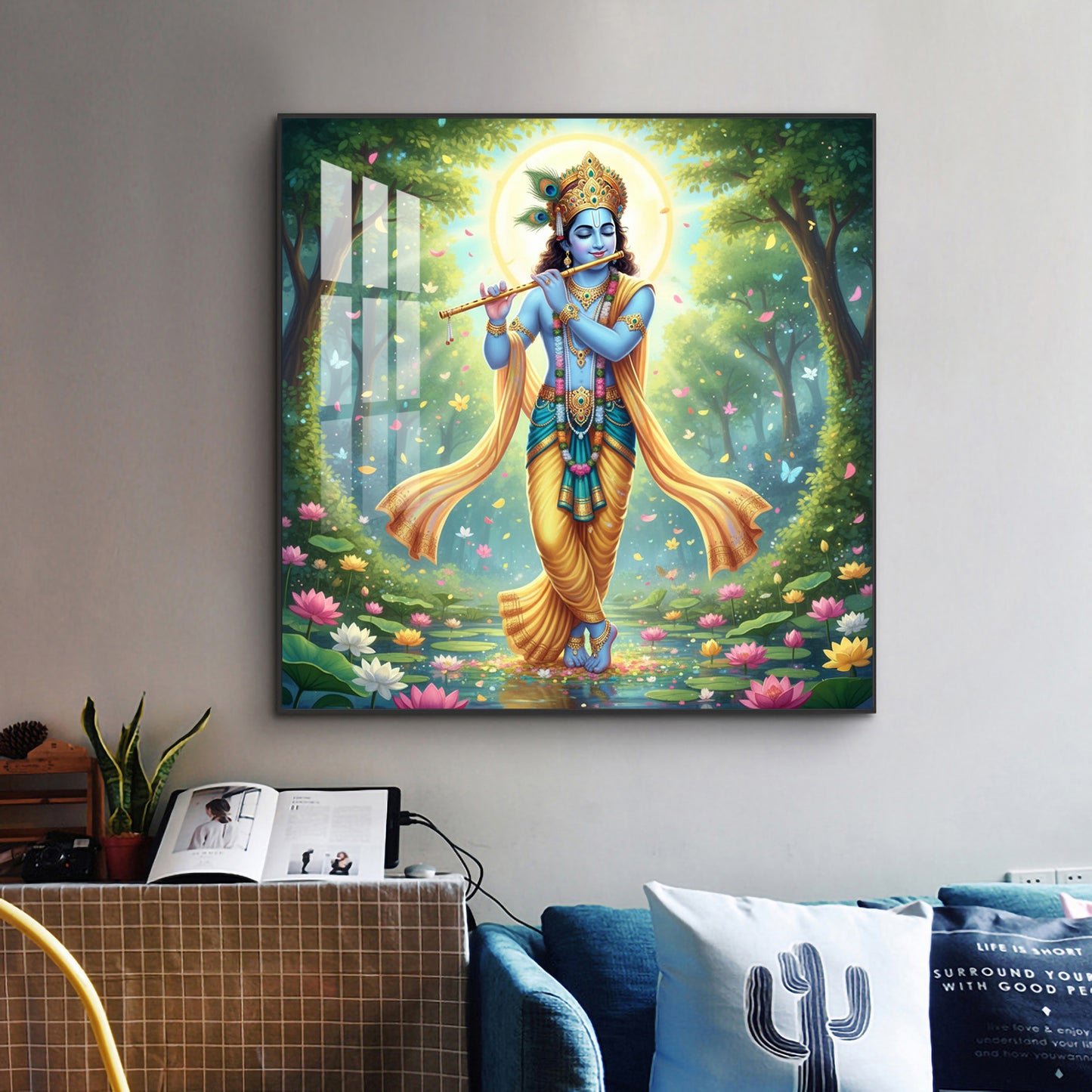 Lord Krishna With Blue Skin Glass Finish Square Wall Art