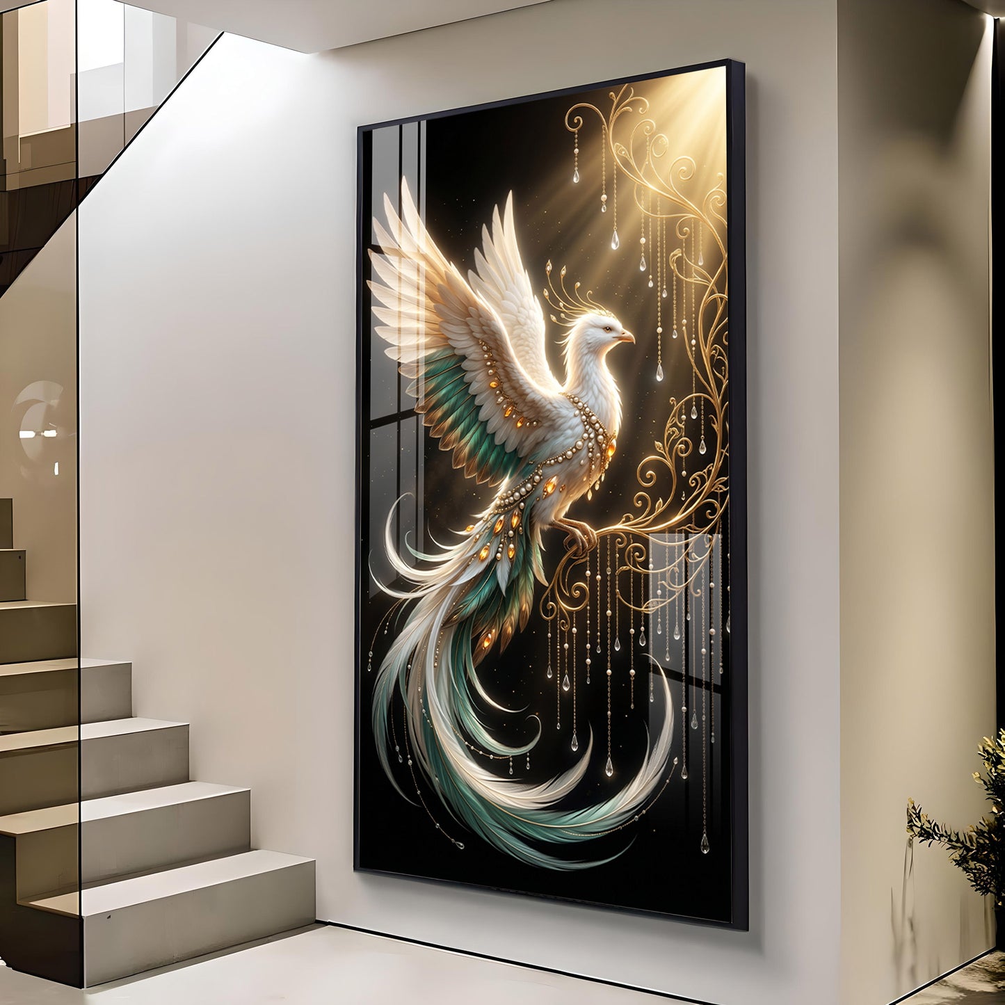 White Phoenix Glass Finish Vertical Wall Art