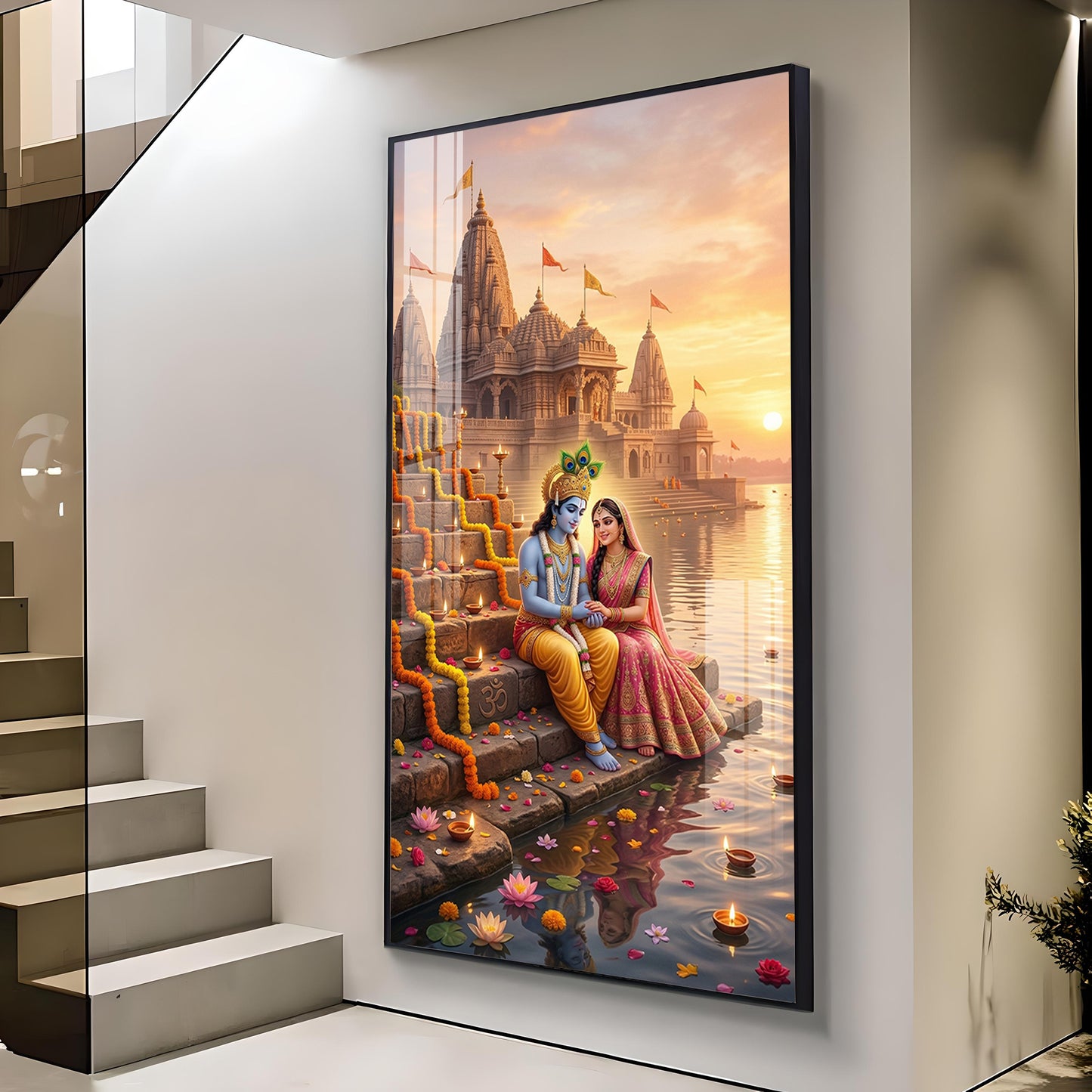 Radha Krishna On Ghat Glass Finish Vertical Wall Art