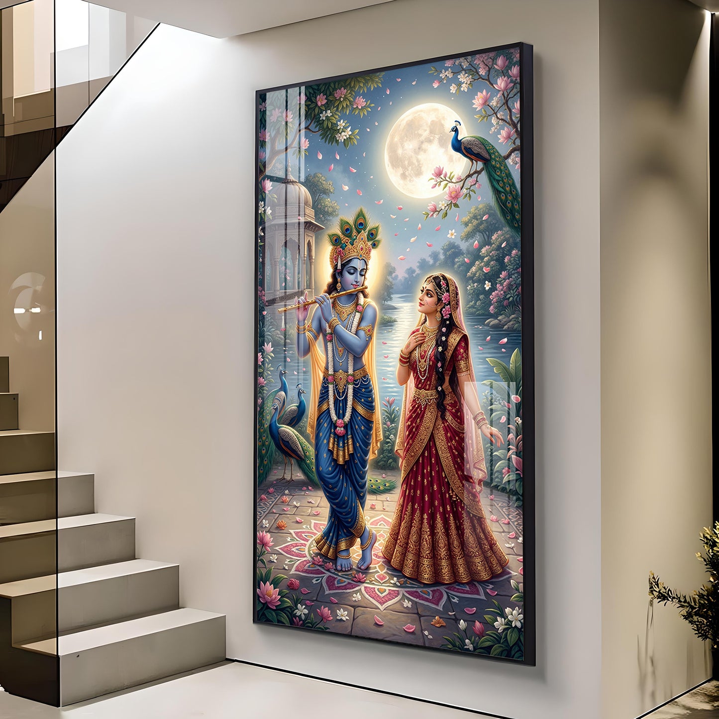 Sri Radha Krishna Glass Finish Vertical Wall Art