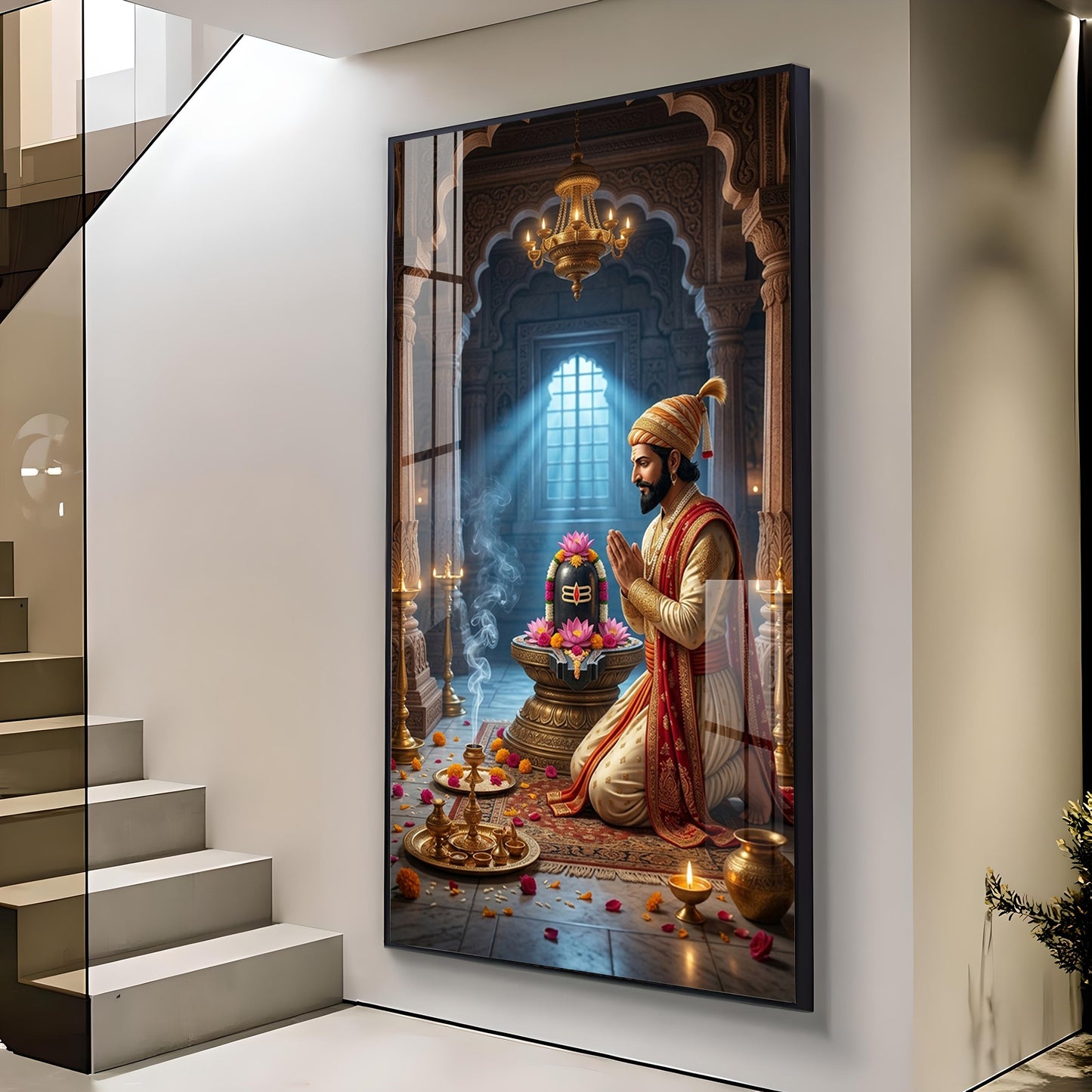 Chhatrapati Shivaji Maharaj WIth Lord Shiva Glass Finish Vertical Wall Art